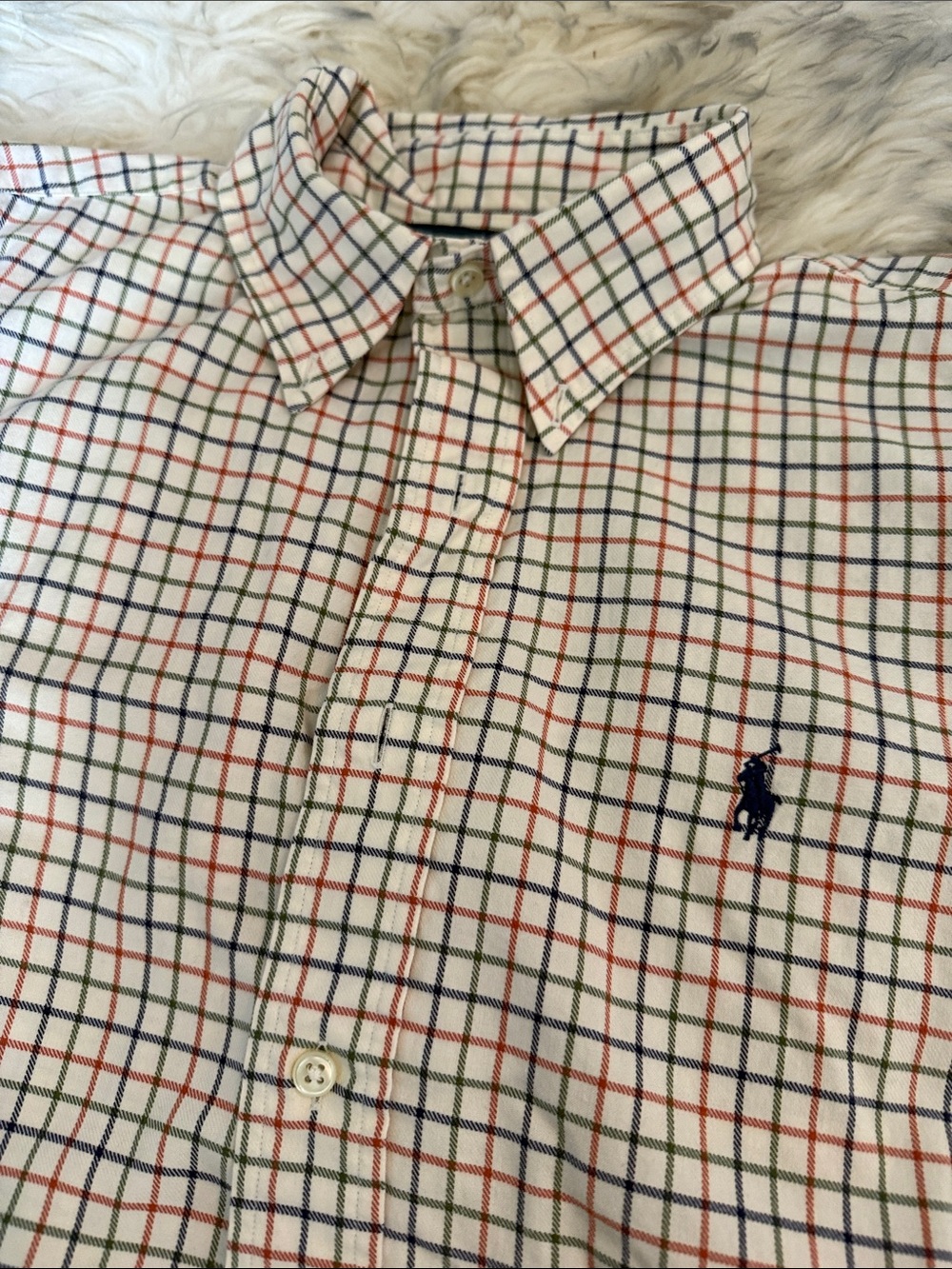 Ralph Lauren White Button-Down Shirt with Navy, Red, and Green Windowpane